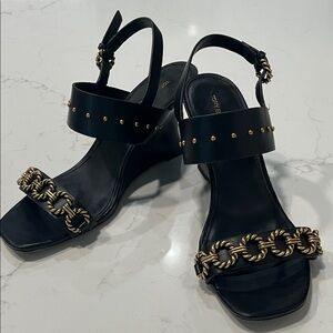 Tory Burch Vintage Wedge Plaque Black Leather Antique Gold Sandals 9.5